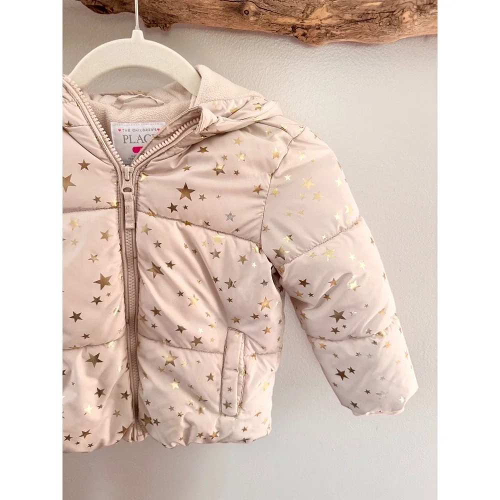 The‎ Childrens Place Girls Puffer Jacket Pink Gold Metallic Stars Hooded Coat 4T